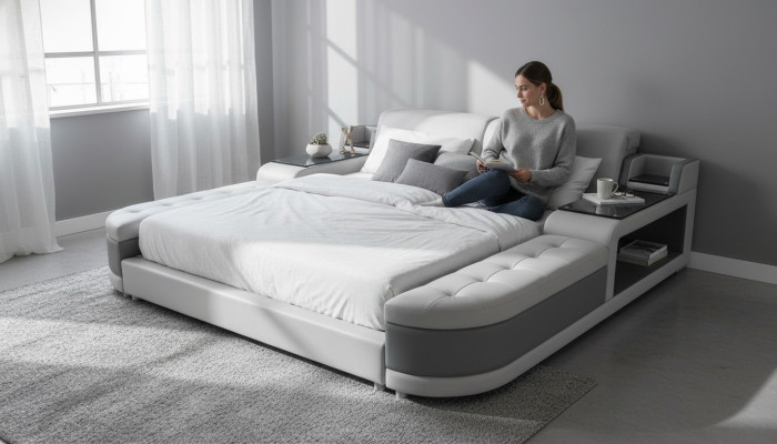 Design de Luxe Bett + USB Polsterung Hotel Moderne Betten Leder 140/160/180/200