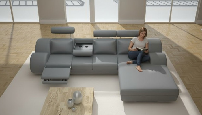 Designer Garnitur Wohnlandschaft Eckcouch Sofa USB Polster Ledersofa Sofas Grau