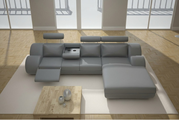 Designer Garnitur Wohnlandschaft Eckcouch Sofa USB Polster Ledersofa Sofas Grau