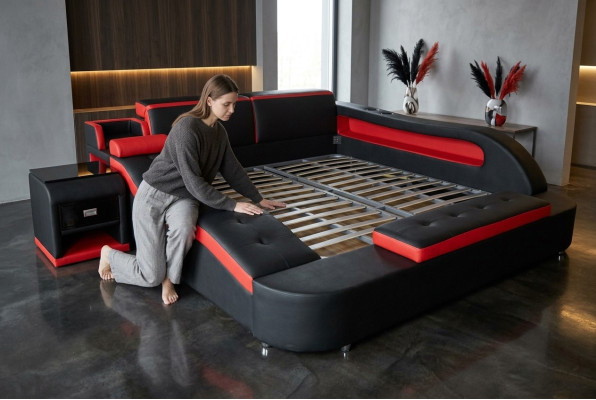 Doppel Luxus Leder Bett +USB Polster Betten Moderne Hotel Multifunktion