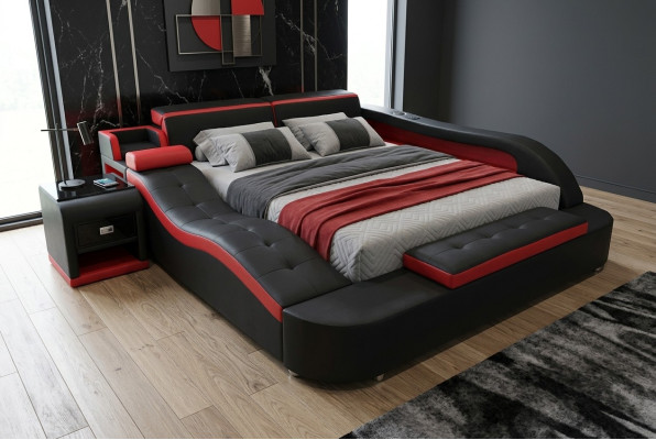 Doppel Luxus Leder Bett +USB Polster Betten Moderne Hotel Multifunktion