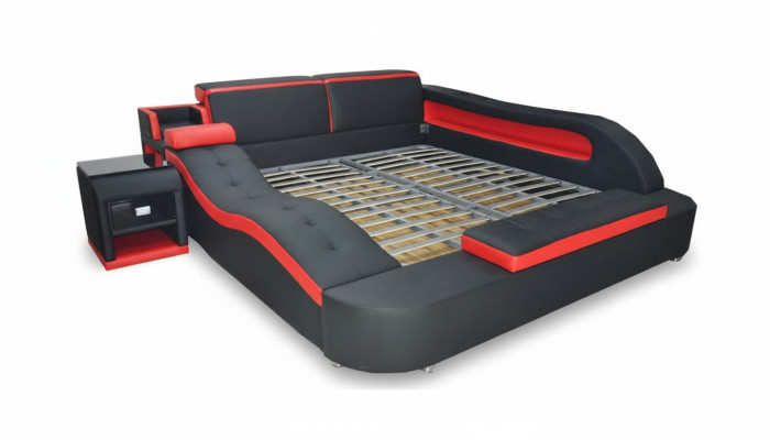Doppel Luxus Leder Bett +USB Polster Betten Moderne Hotel Multifunktion