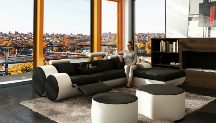 DESIGNER LEDERSOFA GARNITUR mit USB,LEDER ECKSOFA WOHNLANDSCHAFT LEDERCOUCH
