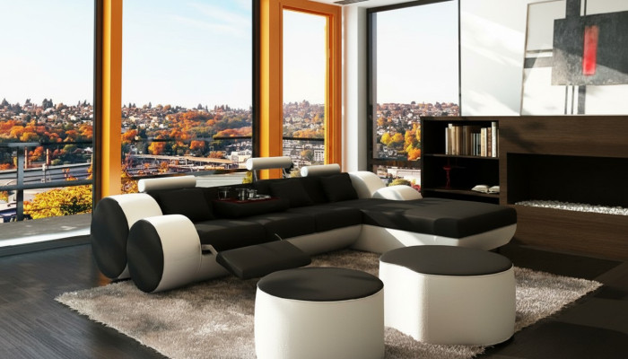 DESIGNER LEDERSOFA GARNITUR mit USB,LEDER ECKSOFA WOHNLANDSCHAFT LEDERCOUCH