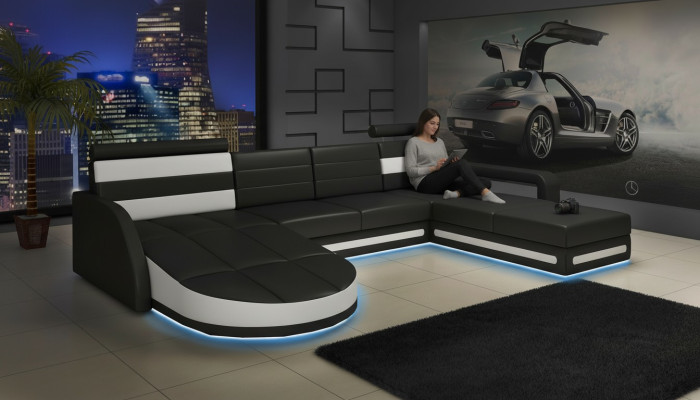 XXL WOHNLANDSCHAFT COUCH GARNITUR DESIGN ECKCOUCH Schwarz LEDERSOFA mit USB Neu