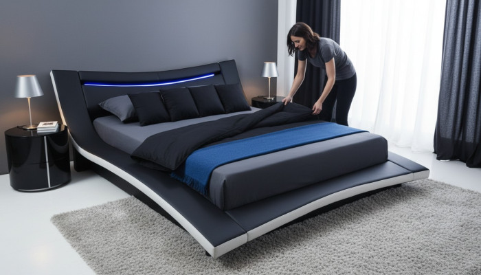 Luxus Design Leder Doppel Hotel Bett mit USB Gepolstertes Ehe Betten Gestell Neu