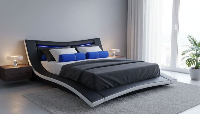 Luxus Design Leder Doppel Hotel Bett mit USB Gepolstertes Ehe Betten Gestell Neu