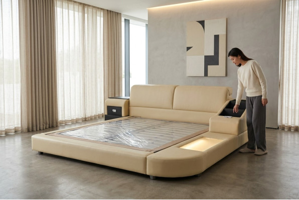 Exclusives Mehrzweck Doppel Betten Hotel Ehe Polster Leder Bett + USB Luxus Neu