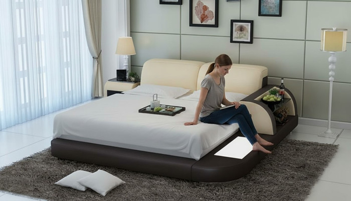 Design Bett XXL Big Betten Leder Hotel Polster 180x200 Multifunktion Regal USB