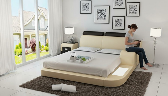 Design Bett XXL Big Betten Leder Hotel Polster 160x200cm Multifunktion Regal USB