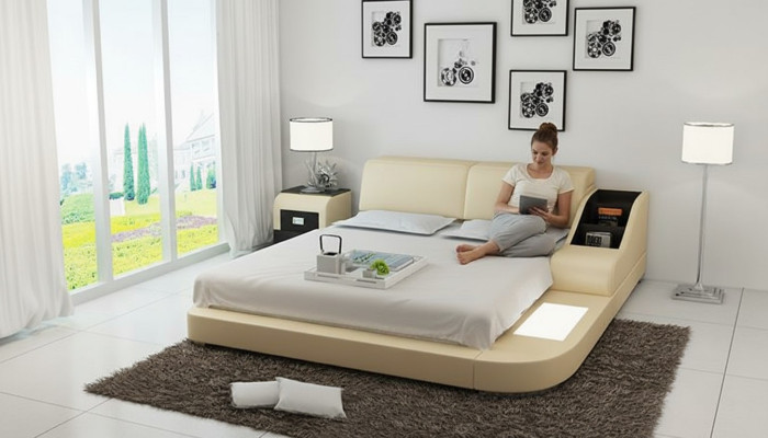 Design Bett XXL Big Betten Leder Hotel Polster 160x200cm Multifunktion Regal USB