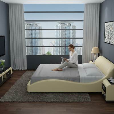 Design Polster Doppel Bett Moderne Betten Schlafzimmer mit USB & Regal 200x210 cm