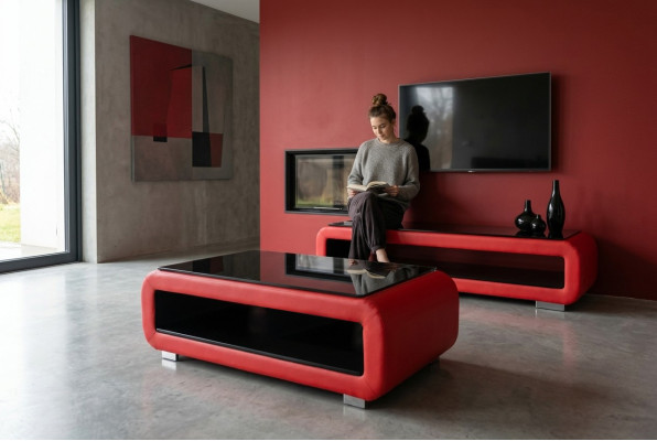 Designer Couchtisch Polster Leder Glas Moderner Tisch CT9010 + RTV TS1010 +USB