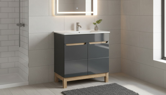 Grauer Waschtisch mit Unterschrank Hochwertige Waschbecken