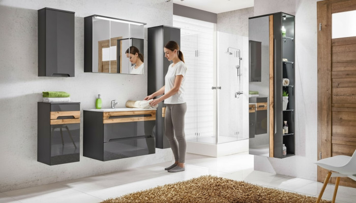 Design Badezimmer Möbel Bad 6 tlg. Set Garnitur Schrank Waschbecken Beleuchtung