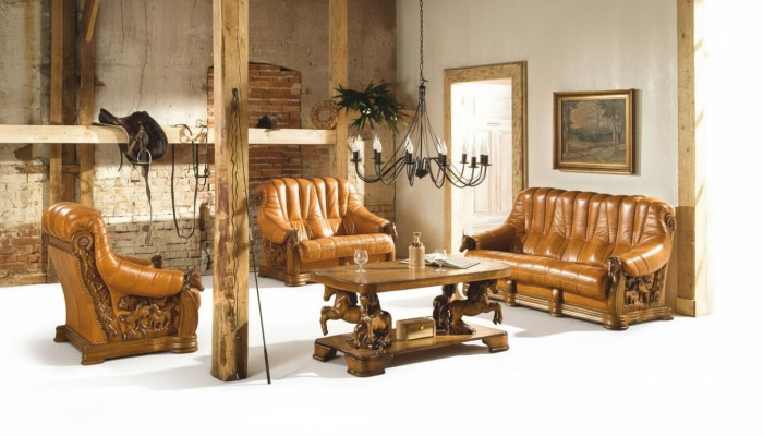 Klassische Dreisitzer Couch Polster Sofa 100% Echtes Leder Holz (ohne 2+1) Neu