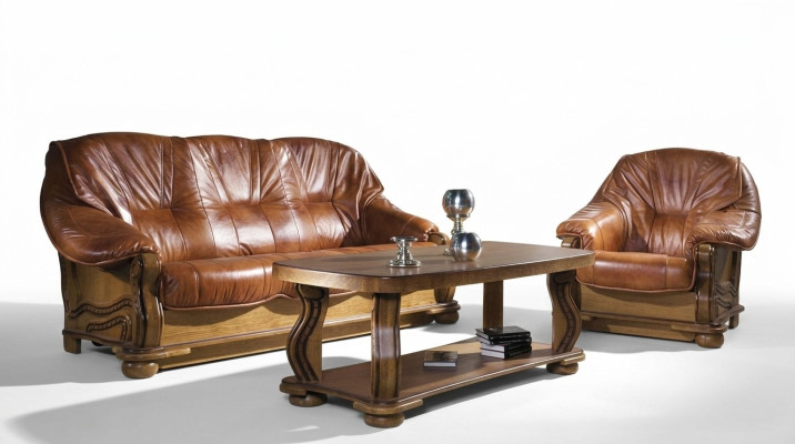 Klassische Sofagarnitur Polster 3+2 Sitzer Garnitur Leder Holzgestell