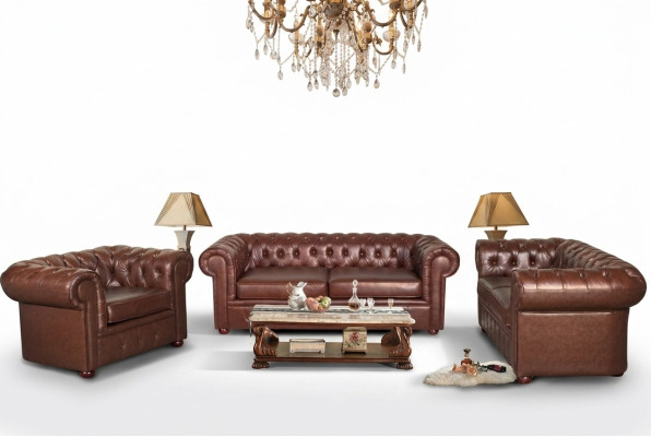 Klassische braune Chesterfield Leder Couch Polster Sitz Garnitur 3 Sitzer