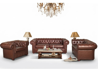 Klassische braune Chesterfield Leder Couch Polster Sitz Garnitur 3 Sitzer