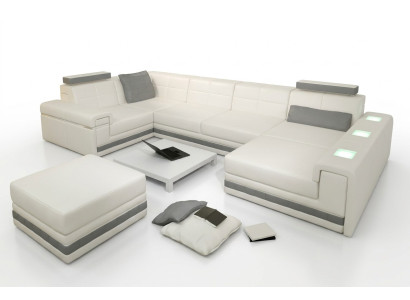 Ecksofa Sofa Wohnlandschaft U Form Polster Couch Ledersofa + Hocker