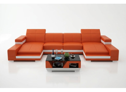 Ecksofa Sofa Wohnlandschaft U Form Polster Couch Ledersofa Orange