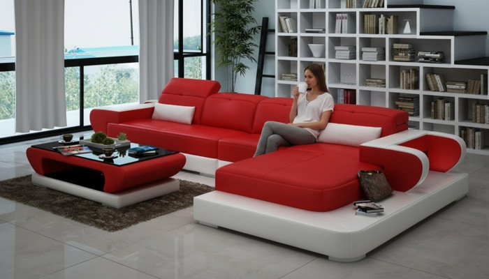 Ecksofa Sofagarnitur Leder Sofa Ecke Polster Hocker Set Rote Designer Couch Neu