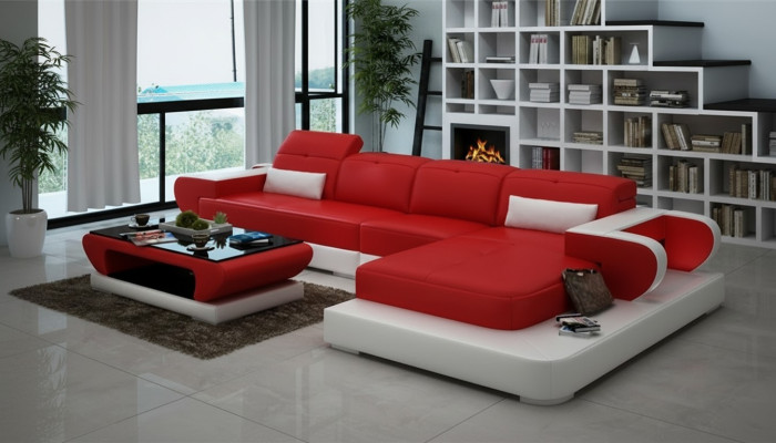 Ecksofa Sofagarnitur Leder Sofa Ecke Polster Hocker Set Rote Designer Couch Neu