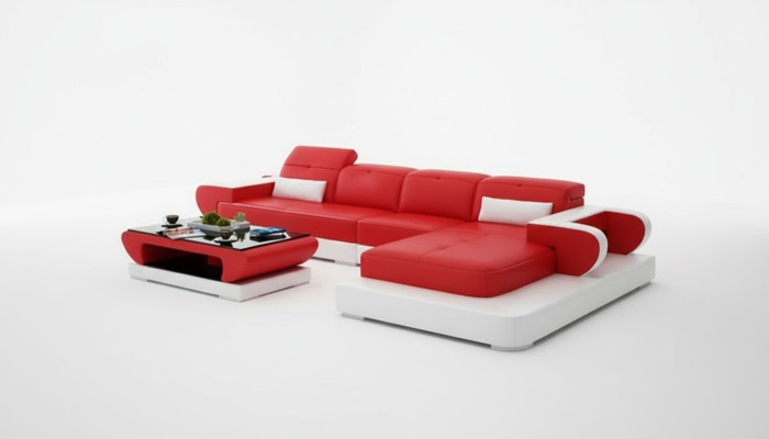 Ecksofa Sofagarnitur Leder Sofa Ecke Polster Hocker Set Rote Designer Couch Neu