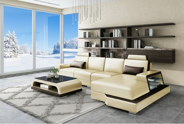 Ecksofa Sofa Wohnlandschaft L Form Polster Couch Ledersofa Beige Sofas