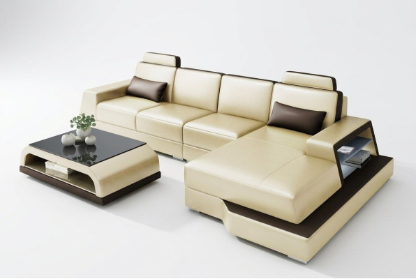 Ecksofa Sofa Wohnlandschaft L Form Polster Couch Ledersofa Beige Sofas