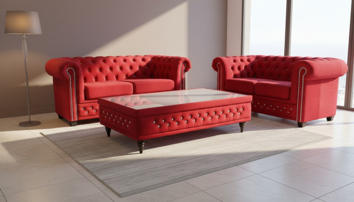 Chesterfield Textil Couch Polster 2 Sitzer Stoff Sofas Couchen Zweisitzer Rot