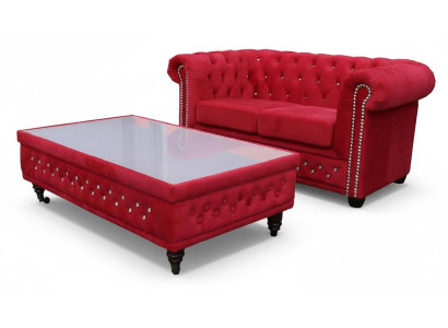 Chesterfield Textil Couch Polster 2 Sitzer Stoff Sofas Couchen Zweisitzer Rot