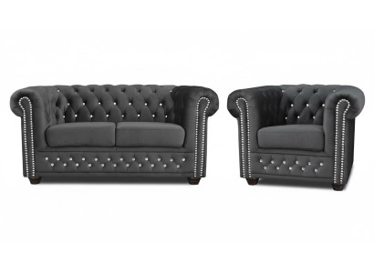 Chesterfield Textil Couch Polster 2Sitzer Stoff Sofas Couchen Zweisitzer Schwarz