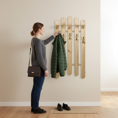 Handgefertigte Wandgarderobe aus massivem Kiefernholz Kleiderschrank mit 5 Haken