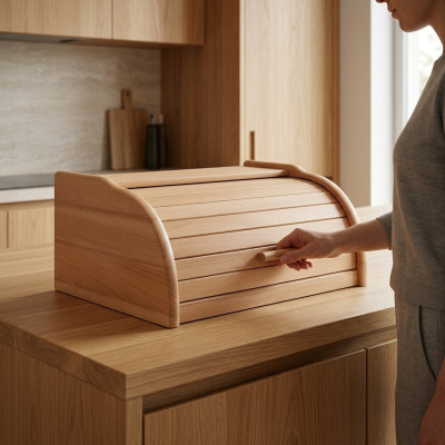 Buche Brotkasten 40 cm Brotbox Rollokasten Brot Rollklappe Echtes Holz Schatulle
