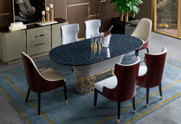 Luxus Designer Edelstahl Metall Esstisch Tische Wohn Zimmer Marmor Design