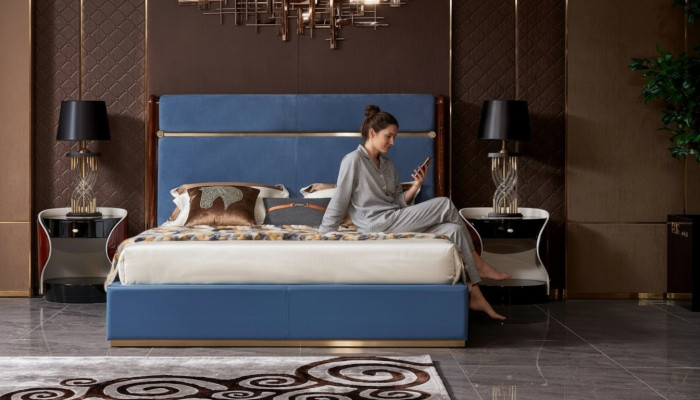 Klassisches Bettgestell Leder Bett Blaue Luxus Betten Schlafzimmer Möbel