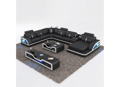 Ecksofa Schwarz mit Couchtisch 2tlg. Wohnzimmer Ledersofa Set Eckgarnitur Tisch