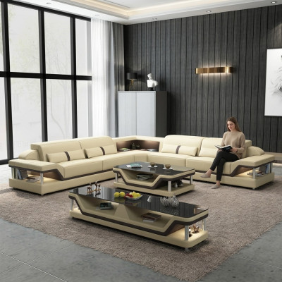 Ecksofa Schwarz mit Couchtisch 3tlg. Wohnzimmer Ledersofa Set Eckgarnitur Tisch