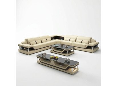 Ecksofa Schwarz mit Couchtisch 3tlg. Wohnzimmer Ledersofa Set Eckgarnitur Tisch
