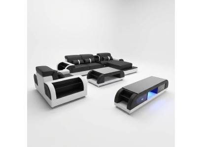 Couch Ecksofa Leder Wohnlandschaft Garnitur Design Modern Sof L-Form Couchtisch