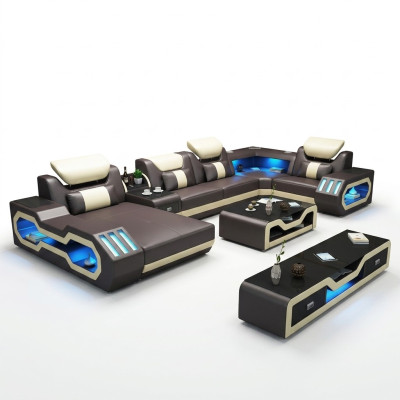 Ecksofa UForm Couchtisch Ledersofa Wohnlandschaft Designer Sofa 2tlg.Set led usb