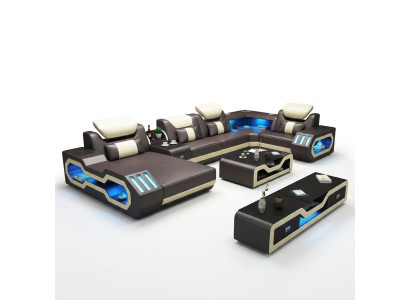 Ecksofa UForm Couchtisch Ledersofa Wohnlandschaft Designer Sofa 2tlg.Set led usb