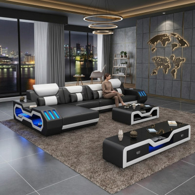 Leder Modern Couch Wohnlandschaft Ledersofa Sofagarnitur Sofa L-Form Couchtisch