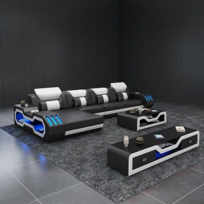 Leder Modern Couch Wohnlandschaft Ledersofa Sofagarnitur Sofa L-Form Couchtisch