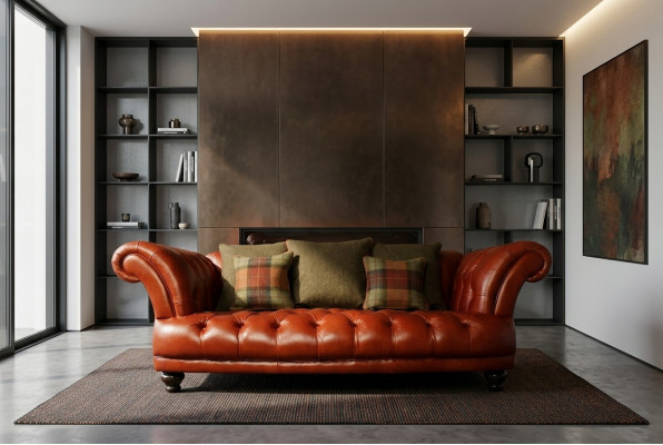 Braune Leder Chesterfield Sofa Couch Polster Stoff couchen Garnitur 3 Sitzer Neu