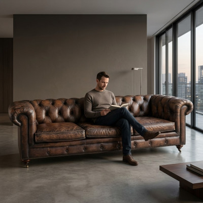 Brauner Chesterfield 3-Sitzer Leder Sofa Couch Englische Stil Möbel 