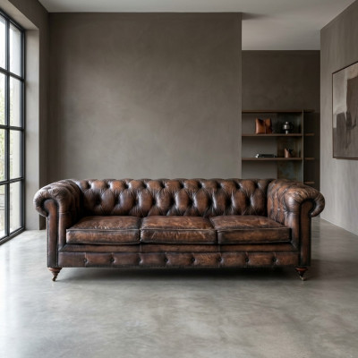 Brauner Chesterfield 3-Sitzer Leder Sofa Couch Englische Stil Möbel 