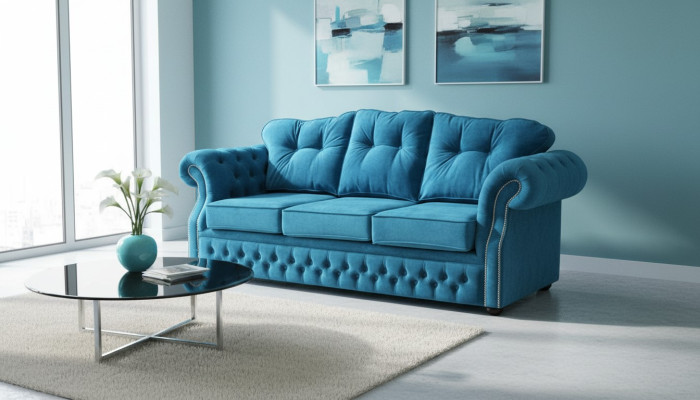 Blaue Chesterfield Stoff Polster Dreisitzer Wohnzimmer Couch Design