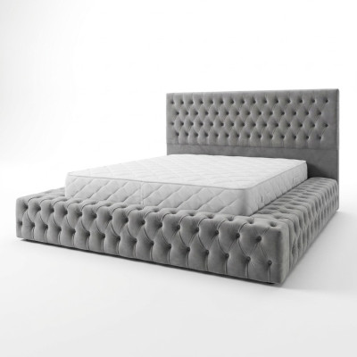 Chesterfield Big Bett Großer Kopfteil Betten Polster Hotel Samt Grau Stoff Ohren